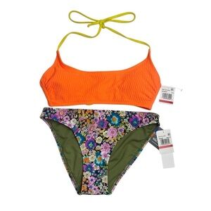 Salt + Cove Two Piece Bikini Bundle Orange Top Floral Bottoms XS New
